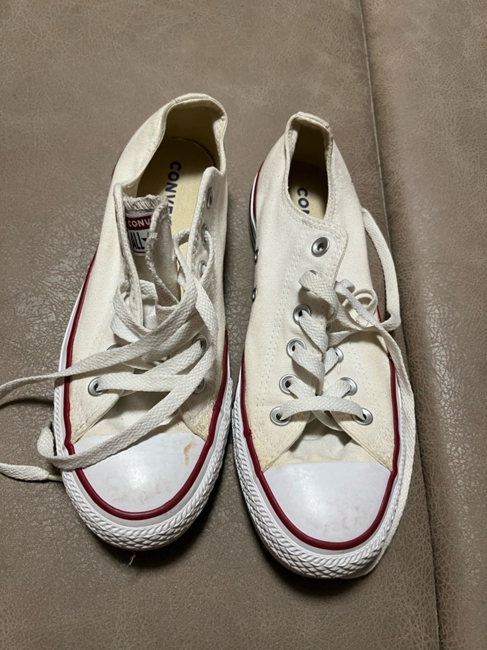 Converse Classic Low Top Canvas Sneakers in Off-White with Red Trim unisex